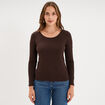 T-shirt coton col rond manches longues marron fonc&eacute; femme