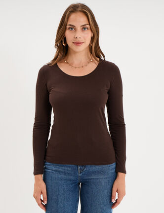 T-shirt coton col rond manches longues marron fonc&eacute; femme