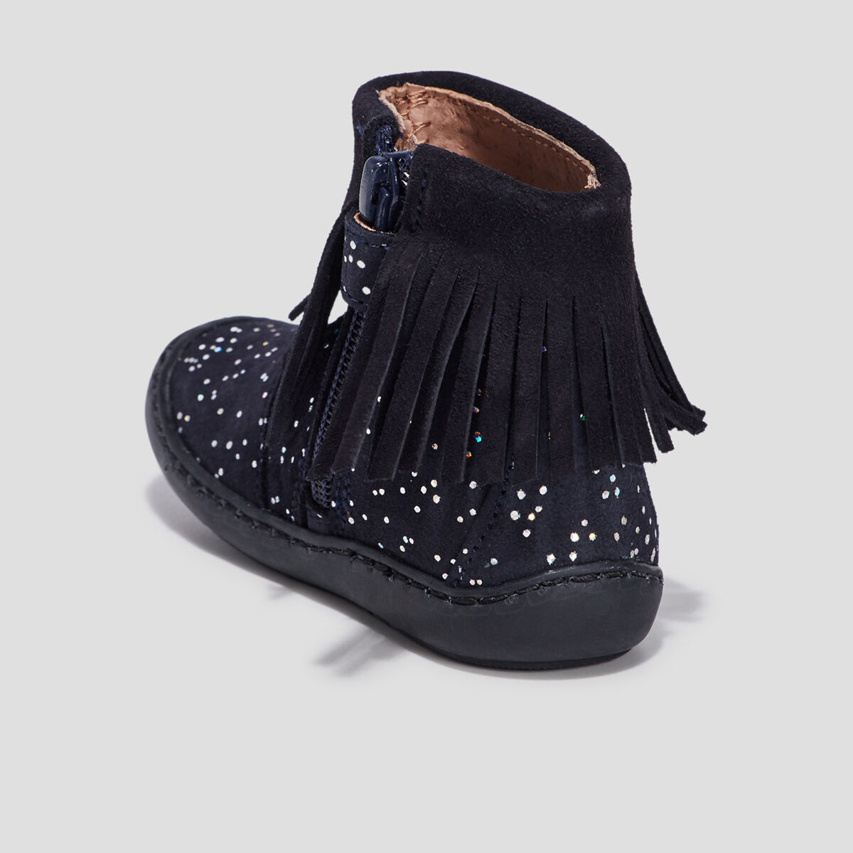 Bottines à franges en cuir bleu marine bébé fille
