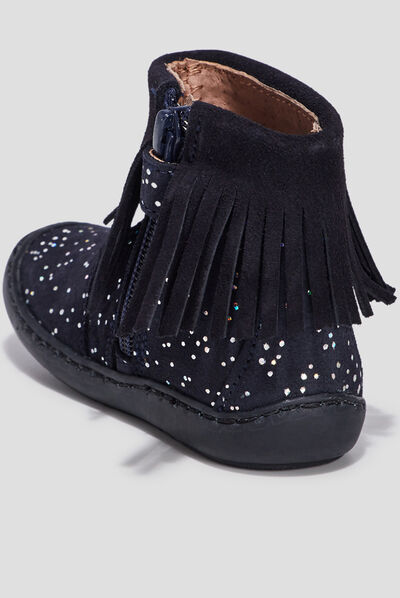 Bottines à franges en cuir bleu marine bébé fille