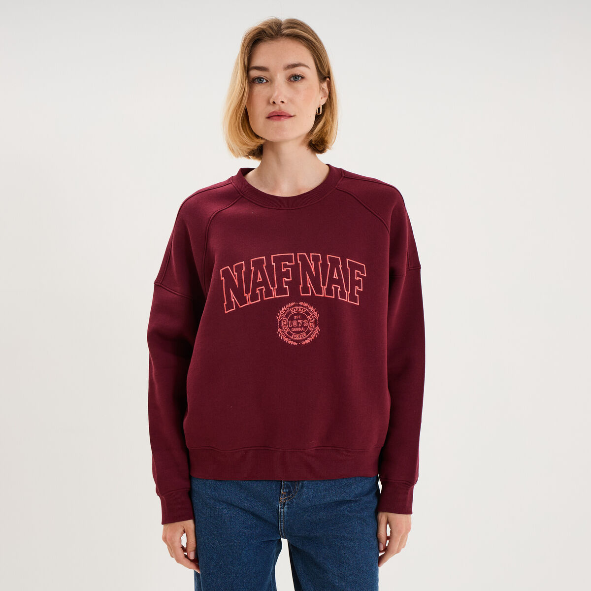 Sweat oversize logo NAF NAF brod&eacute; bordeaux femme