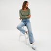 T-shirt coton col rond manches longues vert kaki femme