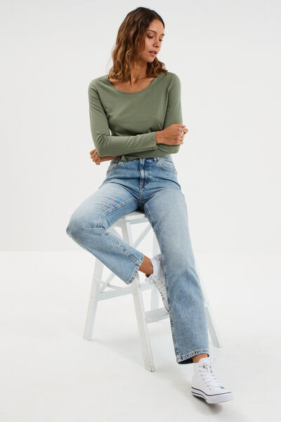 T-shirt coton col rond manches longues vert kaki femme