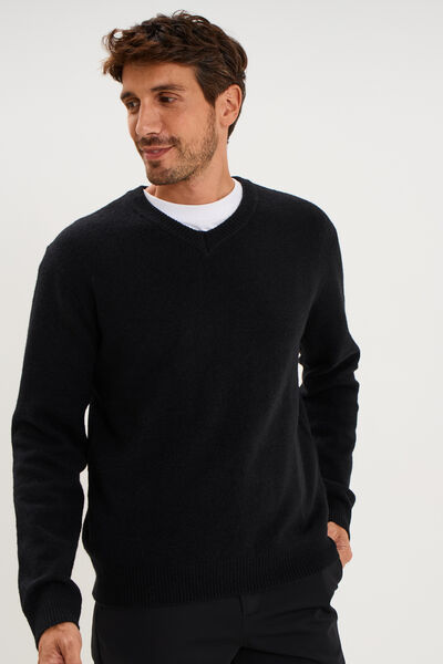 Pull droit col en V manches longues noir homme