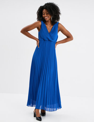 Robe longue plissée sans manches col V bleu roi femme