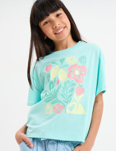 T-shirt col rond manches courtes coton bleu turquoise fille