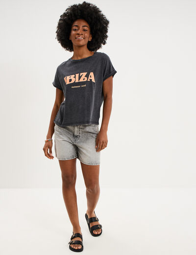 Short mom en jean 5 poches denim gris clair femme