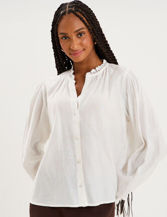 Blouse manches longues col dentelle blanc femme