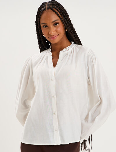 Blouse manches longues col dentelle blanc femme