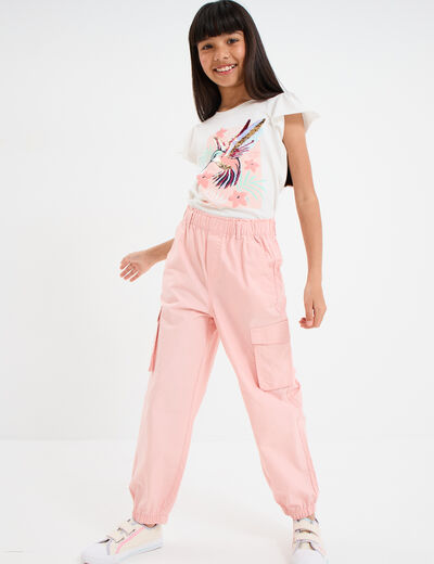 Pantalon parachute battle poches c&ocirc;t&eacute;s rose pastel fille