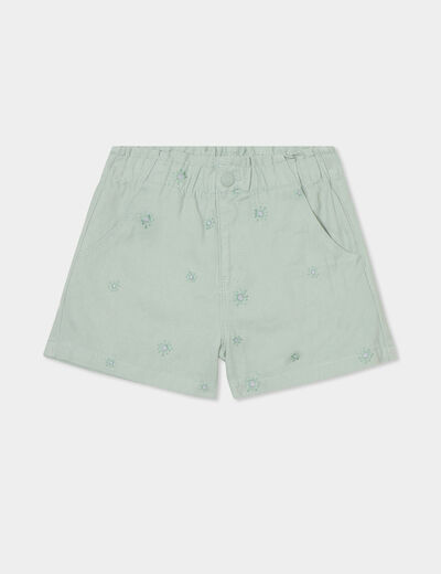 Short brodé taille élastiquée coton vert kaki fille