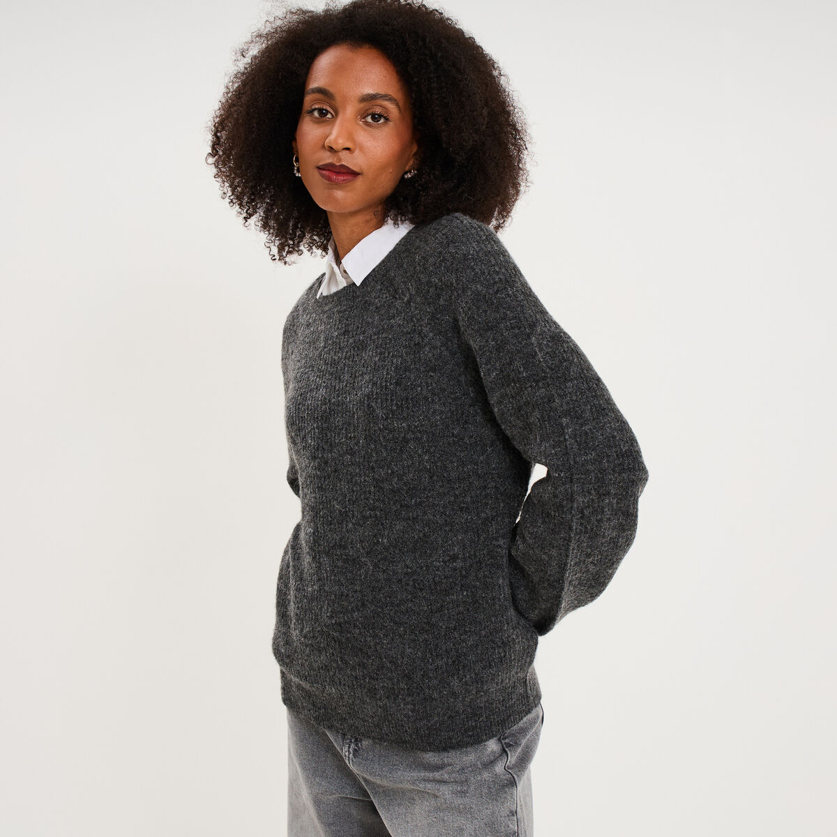 Pull col rond manches longues gris fonc&eacute; femme
