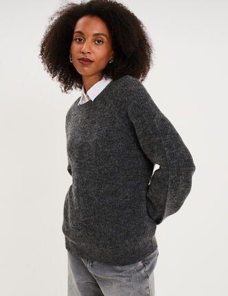 Pull col rond manches longues gris fonc&eacute; femme