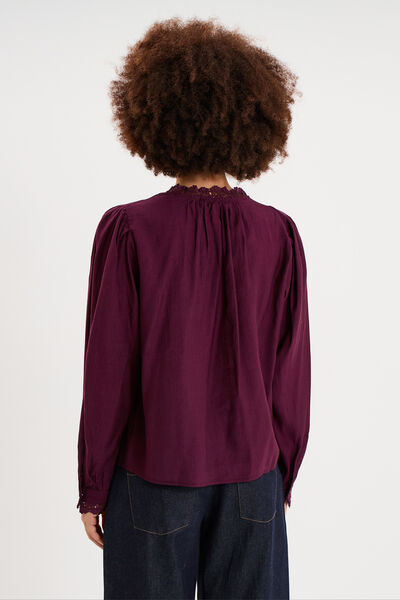 Blouse manches longues col dentelle violet fonc&eacute; femme