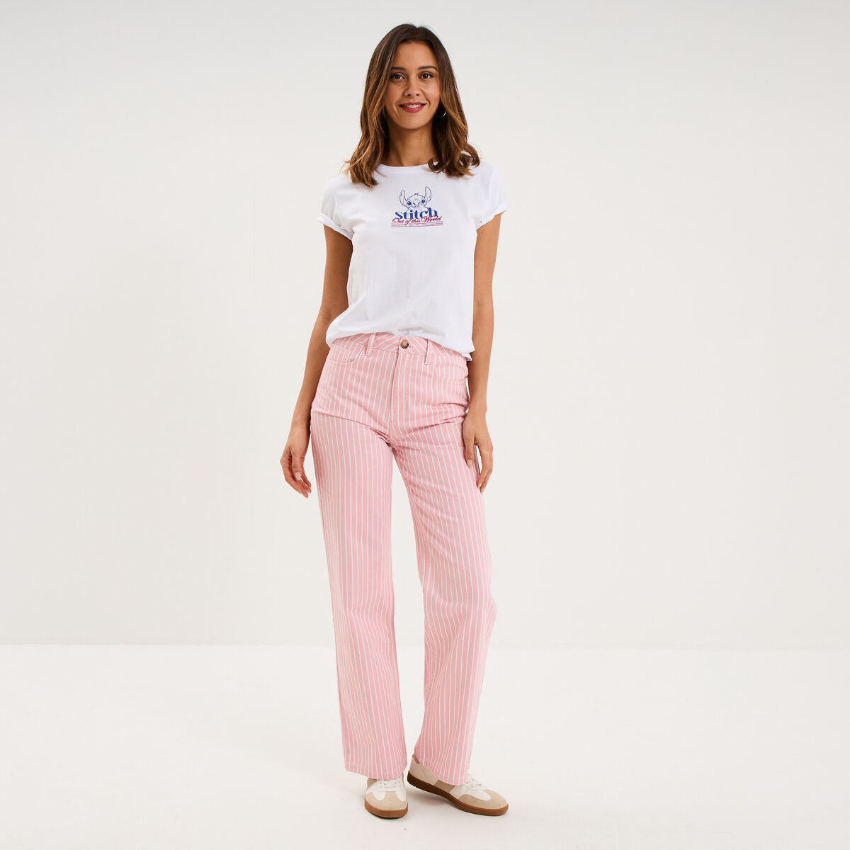 T-shirt manches courtes coton Stitch blanc femme