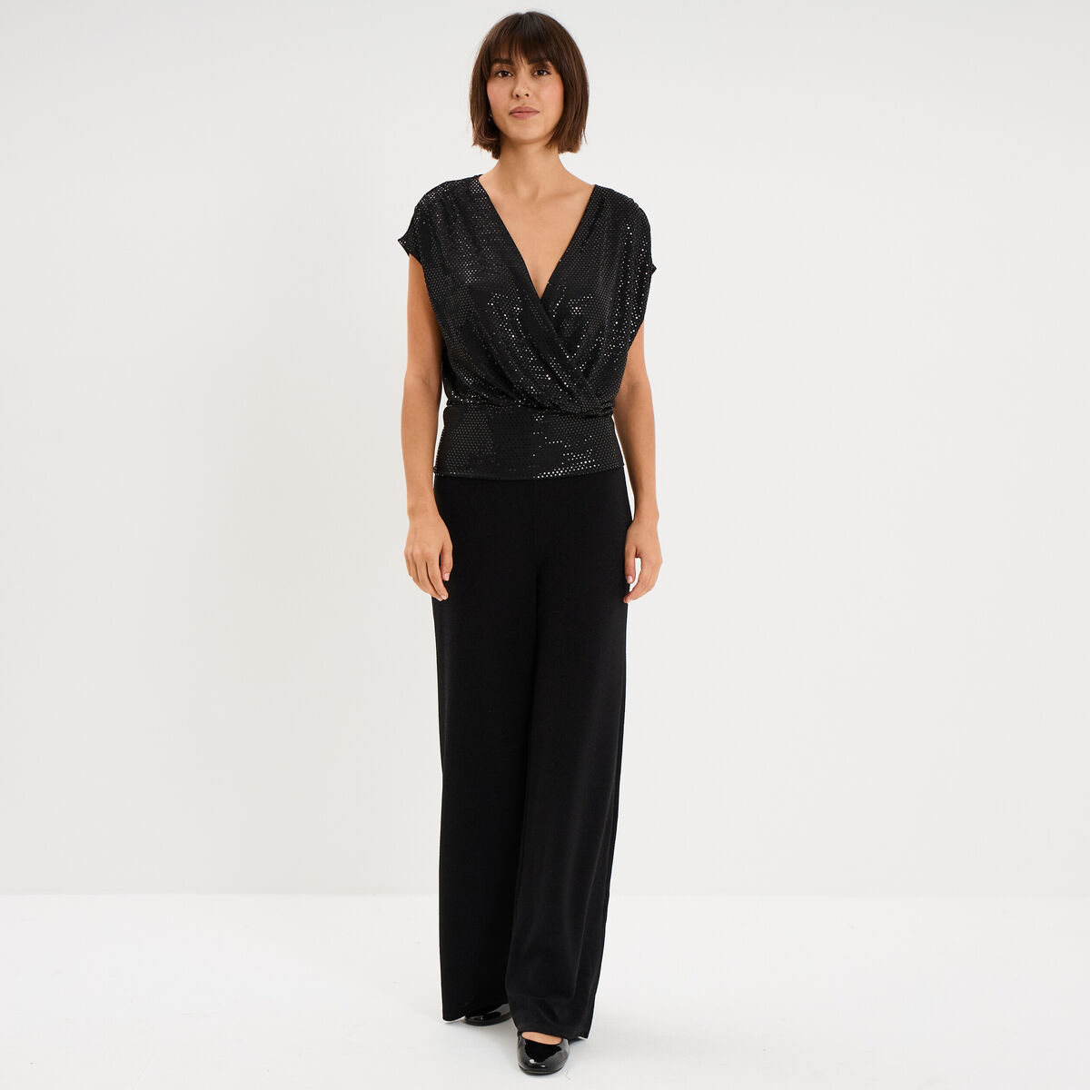 Pantalon large &agrave; paillettes noir femme
