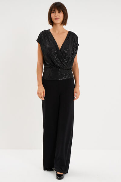 Pantalon large &agrave; paillettes noir femme