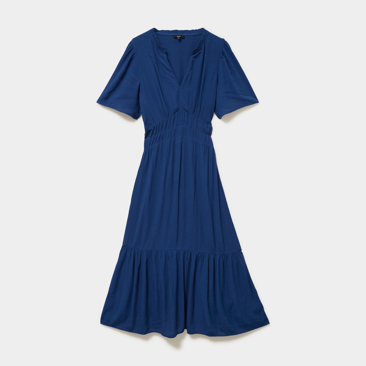Robe longue col tunisien manches courtes bleu marine femme
