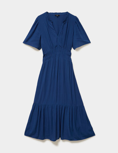 Robe longue col tunisien manches courtes bleu marine femme