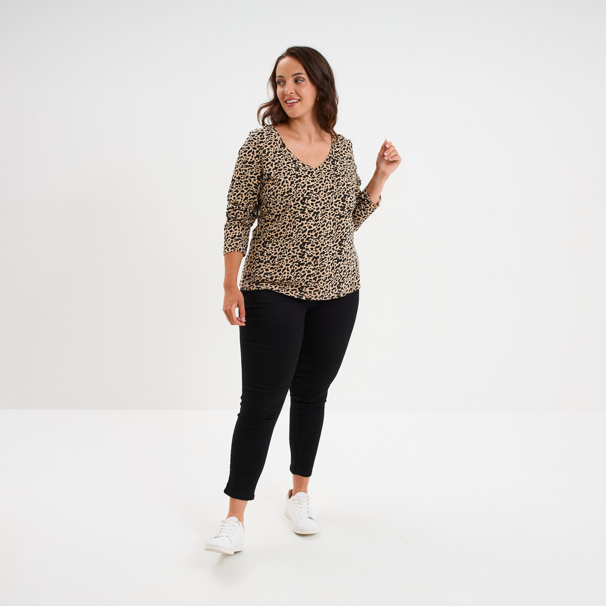 T-shirt col en V manches longues coton beige femme grande taille
