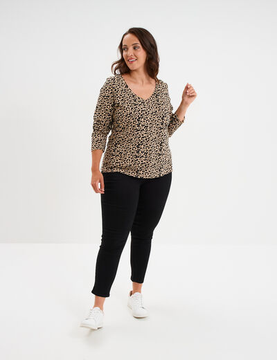 T-shirt col en V manches longues coton beige femme grande taille