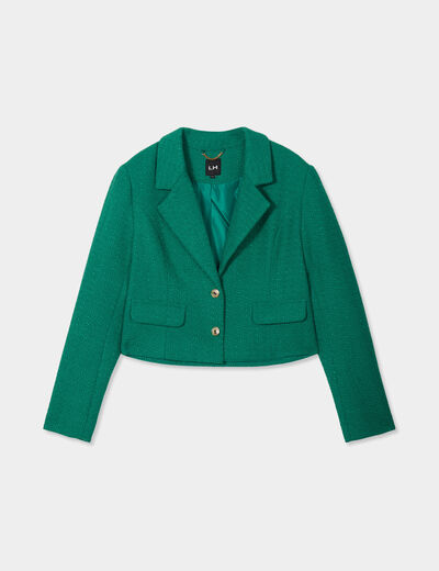 Veste courte tweed col tailleur vert femme