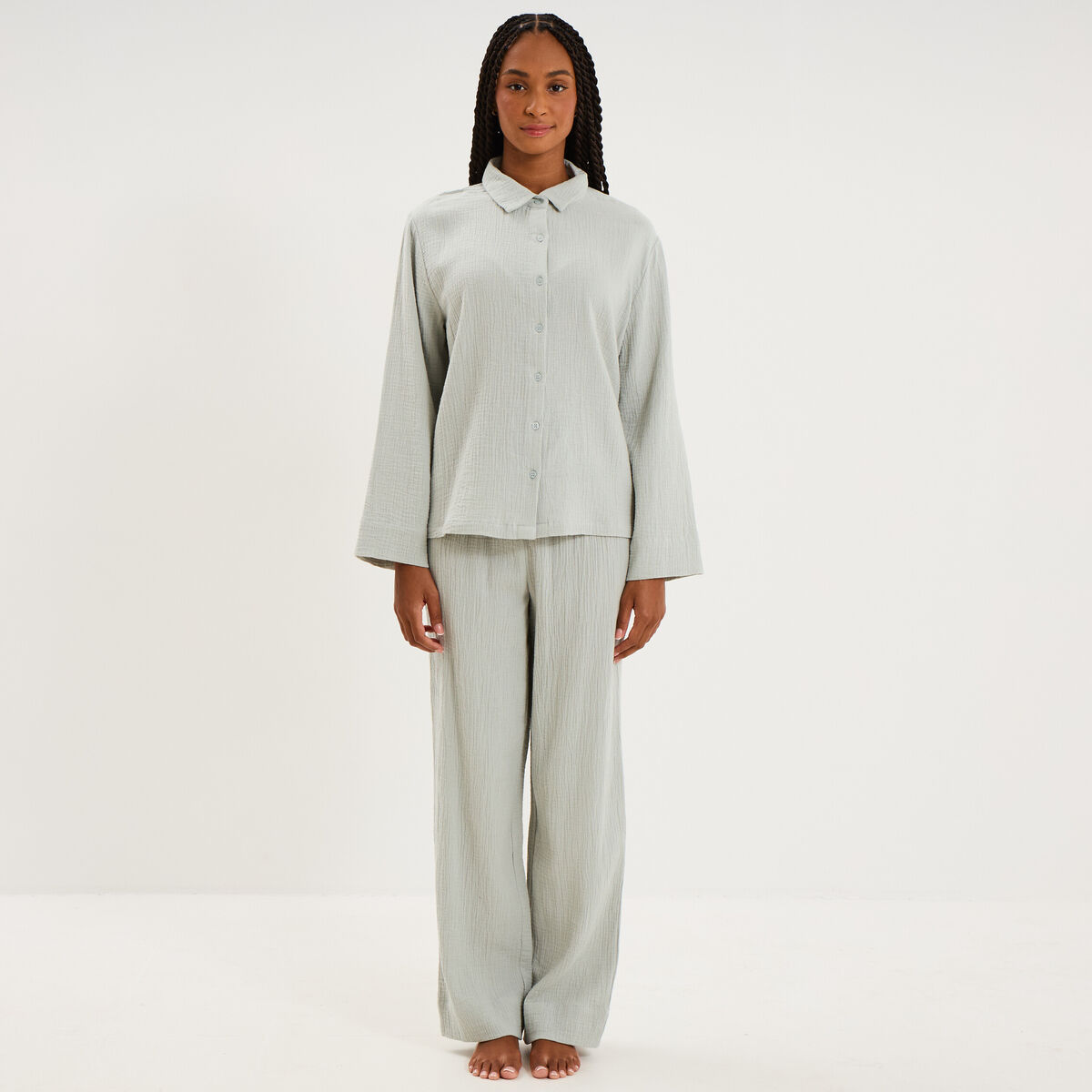 Ensemble pyjama chemise gaze de coton vert clair femme