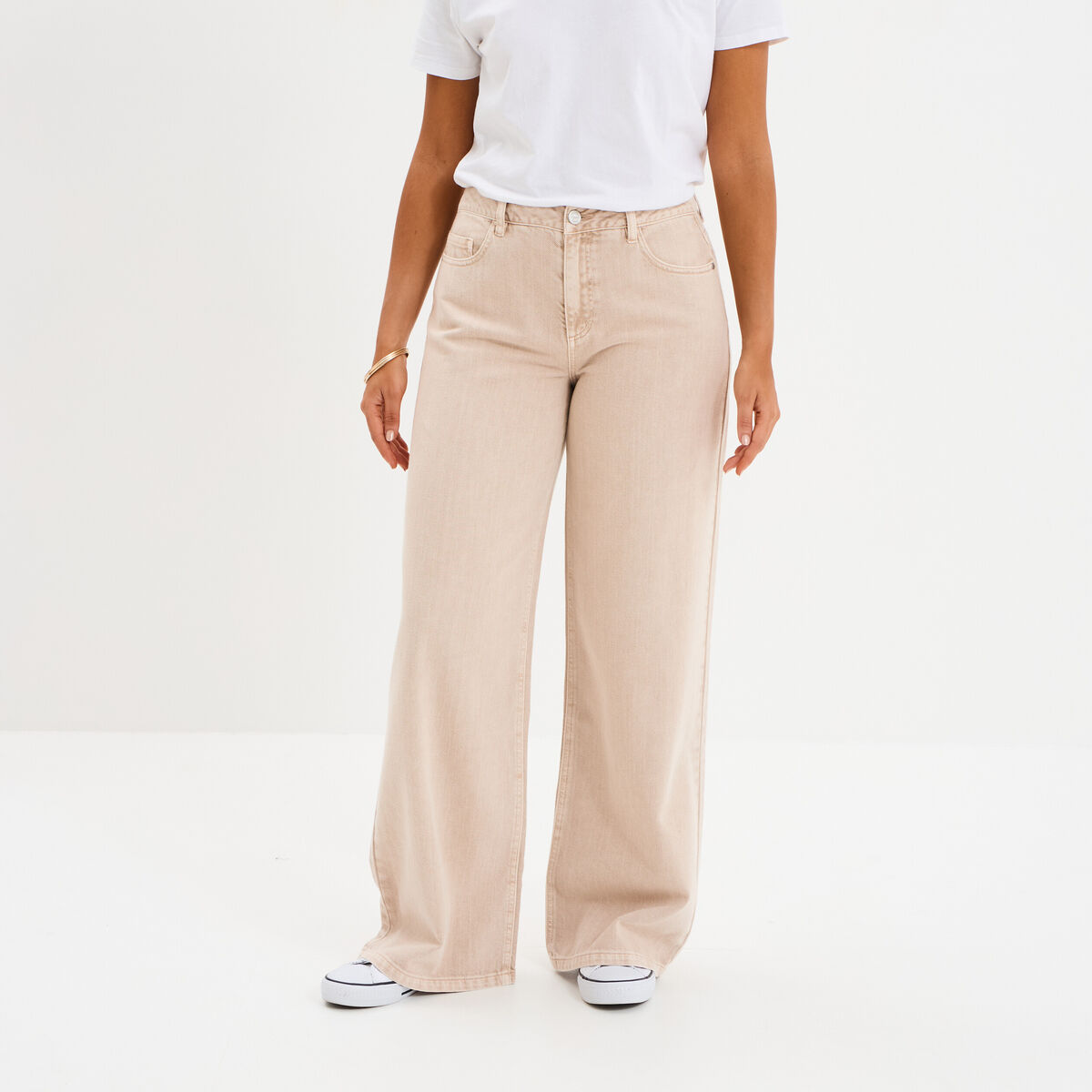 Jeans large taille haute coton sable femme