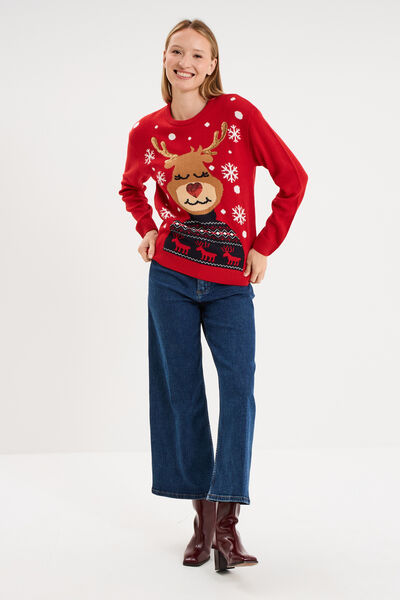 Pull de No&euml;l &agrave; sequins manches longues rouge femme