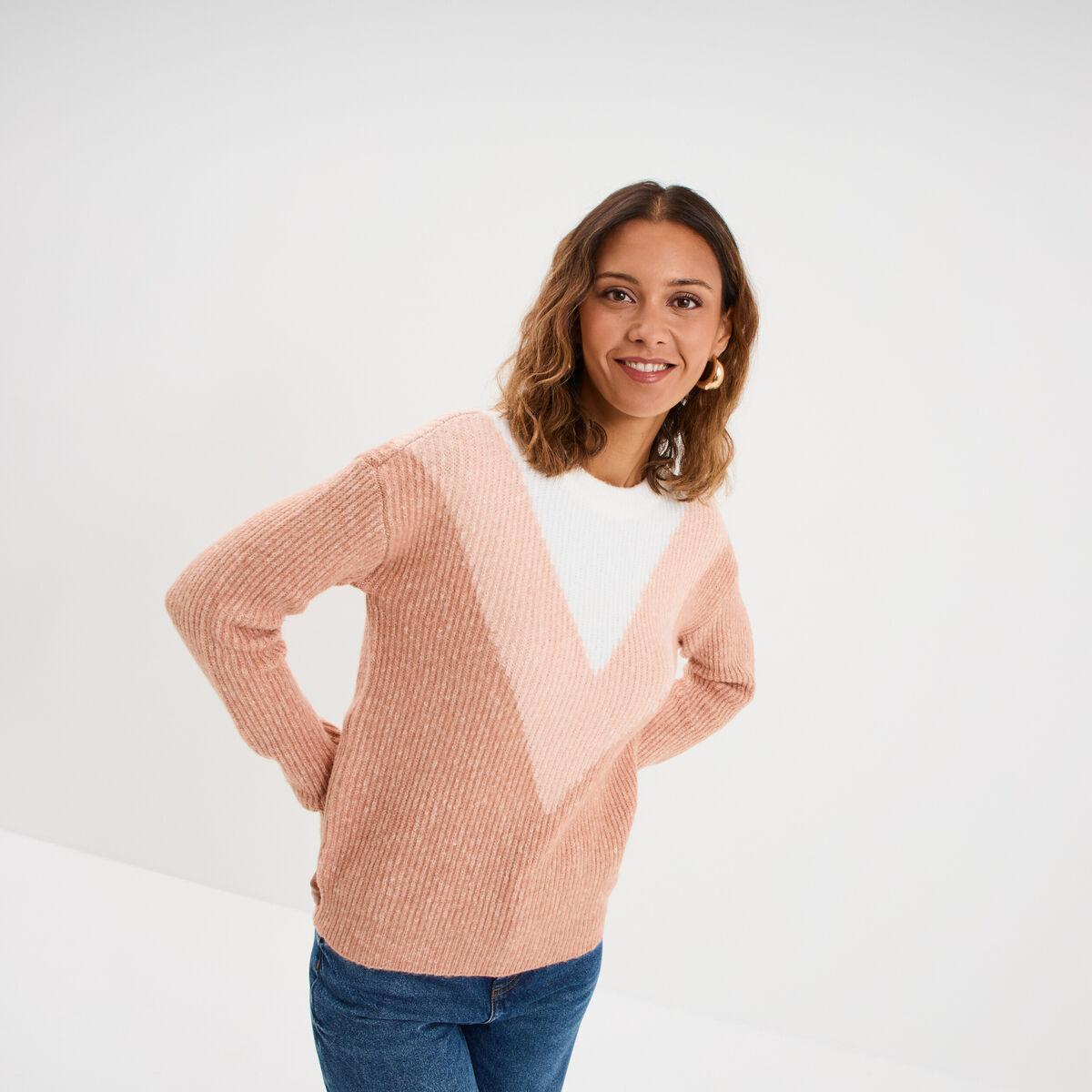 Pull manches longues col rond rose clair femme