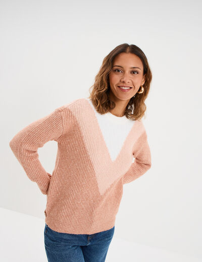 Pull manches longues col rond rose clair femme