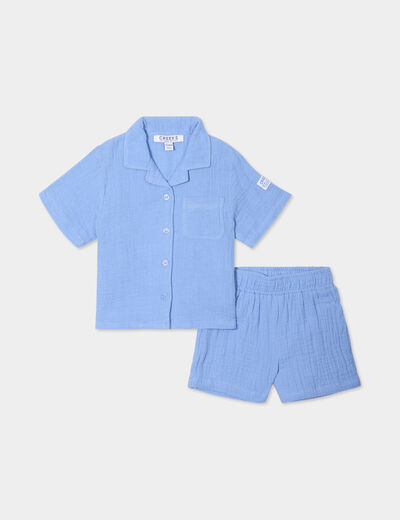 Ensemble pyjama short chemise gaze coton bleu lavande bébé garçon