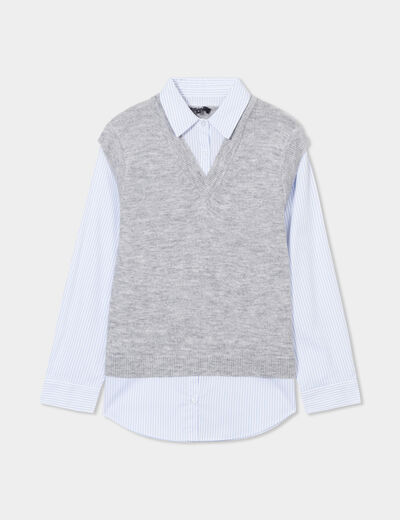 Pull effet 2-en-1 manches longues gris femme