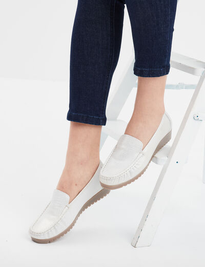 Mocassins en cuir compensés pied large gris argent femme