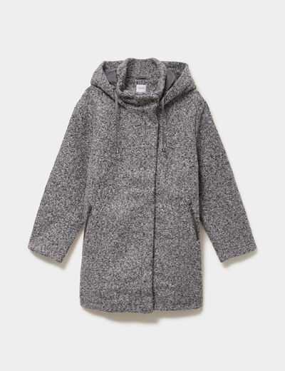 Manteau aspect bouclette &agrave; capuche gris femme grande taille