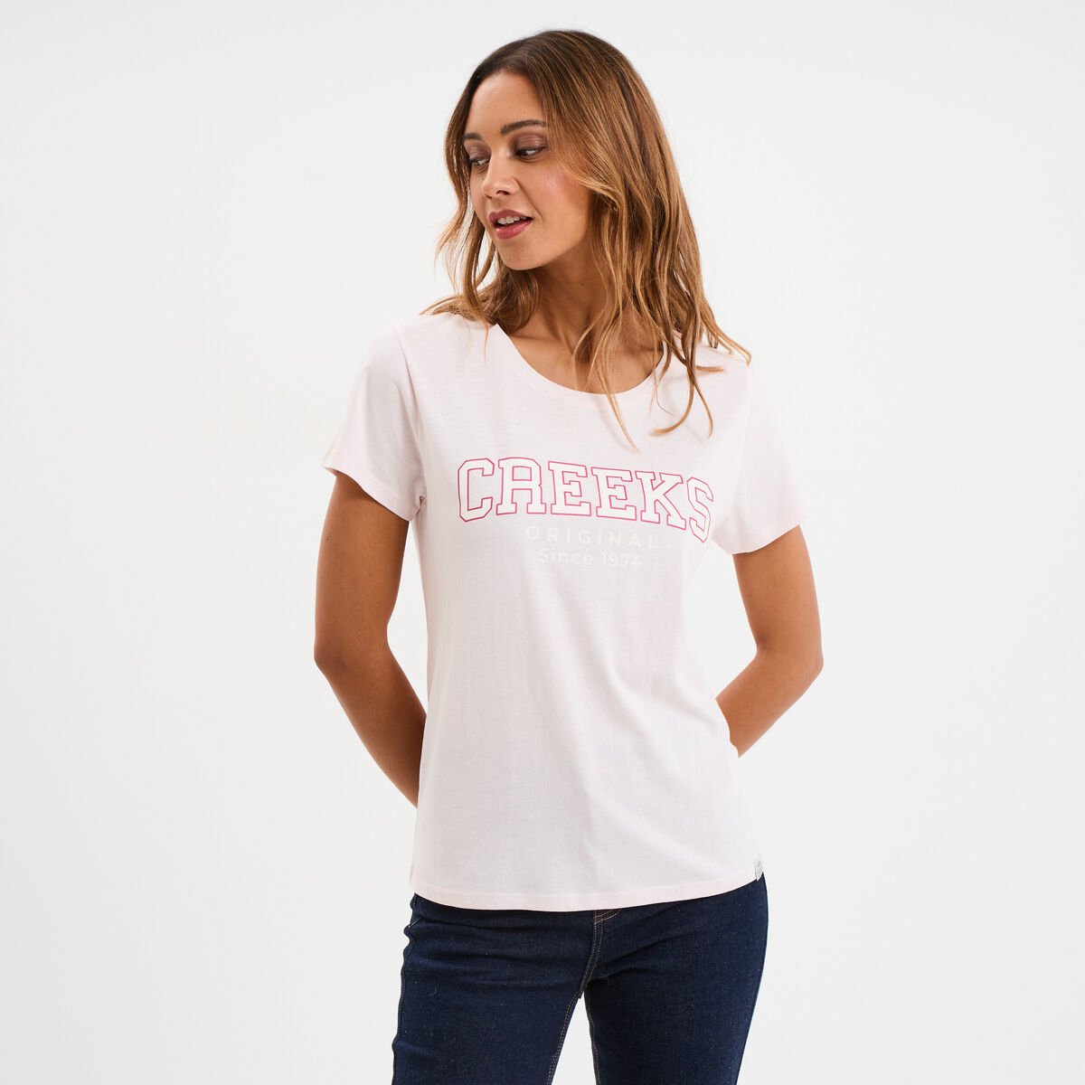 T-shirt col rond manches courtes rose clair femme
