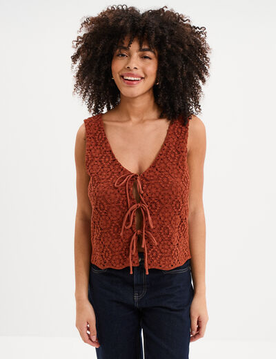 D&eacute;bardeur nou&eacute; effet dentelle macram&eacute; camel femme