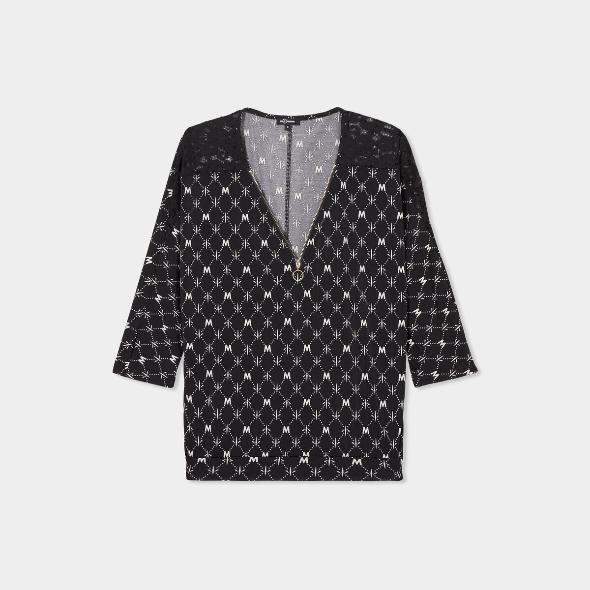 T-shirt col zippé manches 3/4 noir femme