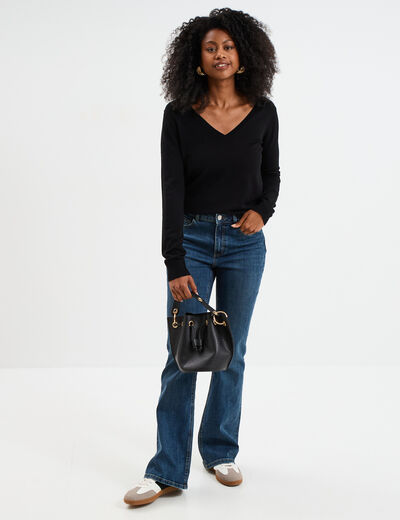 Pull col en V manches longues noir femme