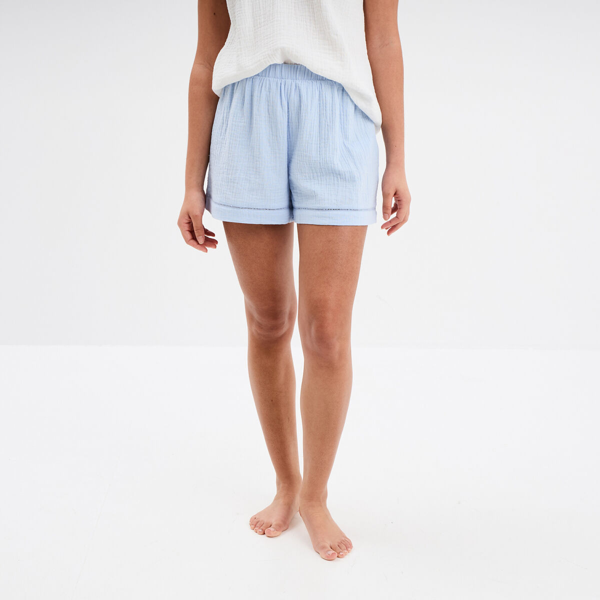 Bas de pyjama short gaze de coton bleu ciel femme | La Halle