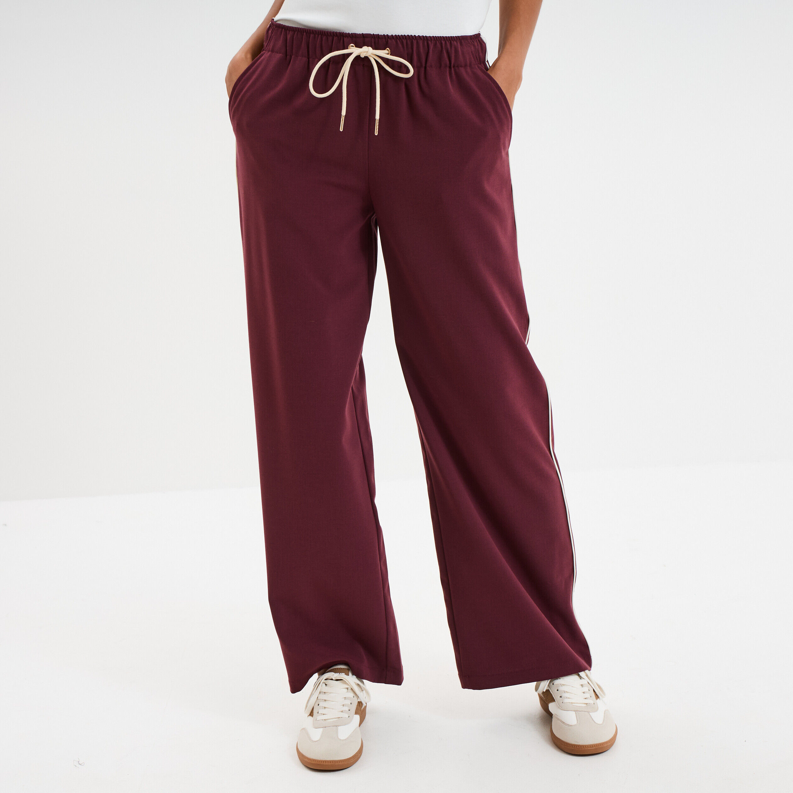 Pantalon fluide élastiqué bandes côtés violet foncé femme CREEKS