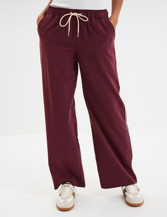 Pantalon fluide élastiqué bandes côtés violet foncé femme