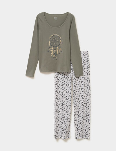 Ensemble pyjama t-shirt pantalon coton vert kaki femme