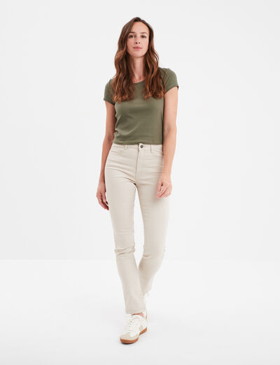 Pantalon slim en coton elasthanne beige femme