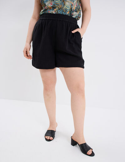 Short droit taille élastiquée coton noir femme grande taille