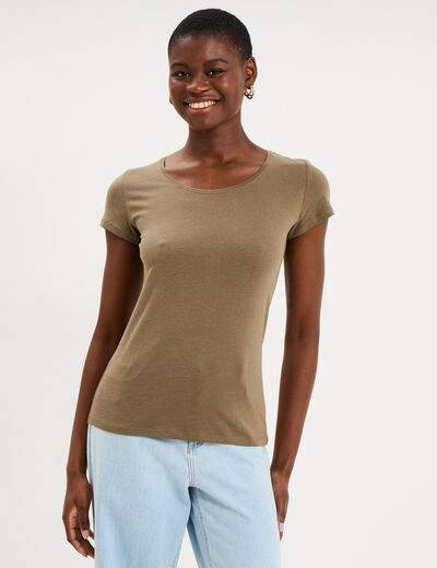 T-shirt coton col rond manches courtes vert kaki femme