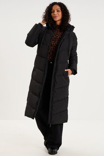 Doudoune longue zipp&eacute;e &agrave; capuche noir femme