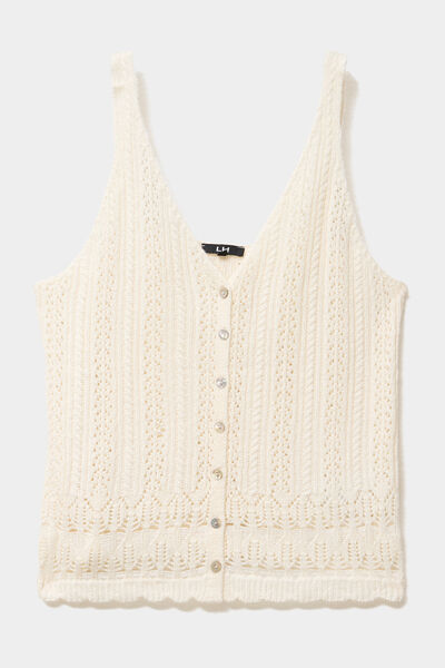 D&eacute;bardeur en maille crochet avec boutons ecru femme