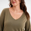 T-shirt col en V manches longues coton vert kaki femme grande taille