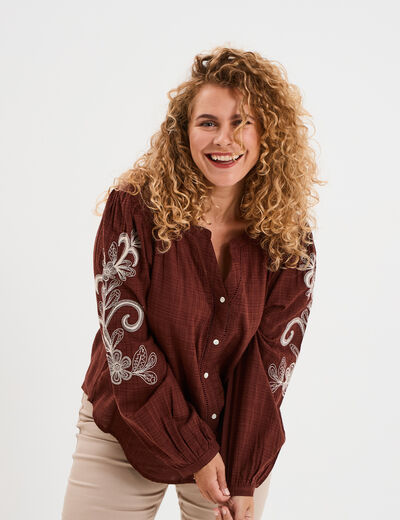Blouse manches brodées col tunisien marron femme grande taille